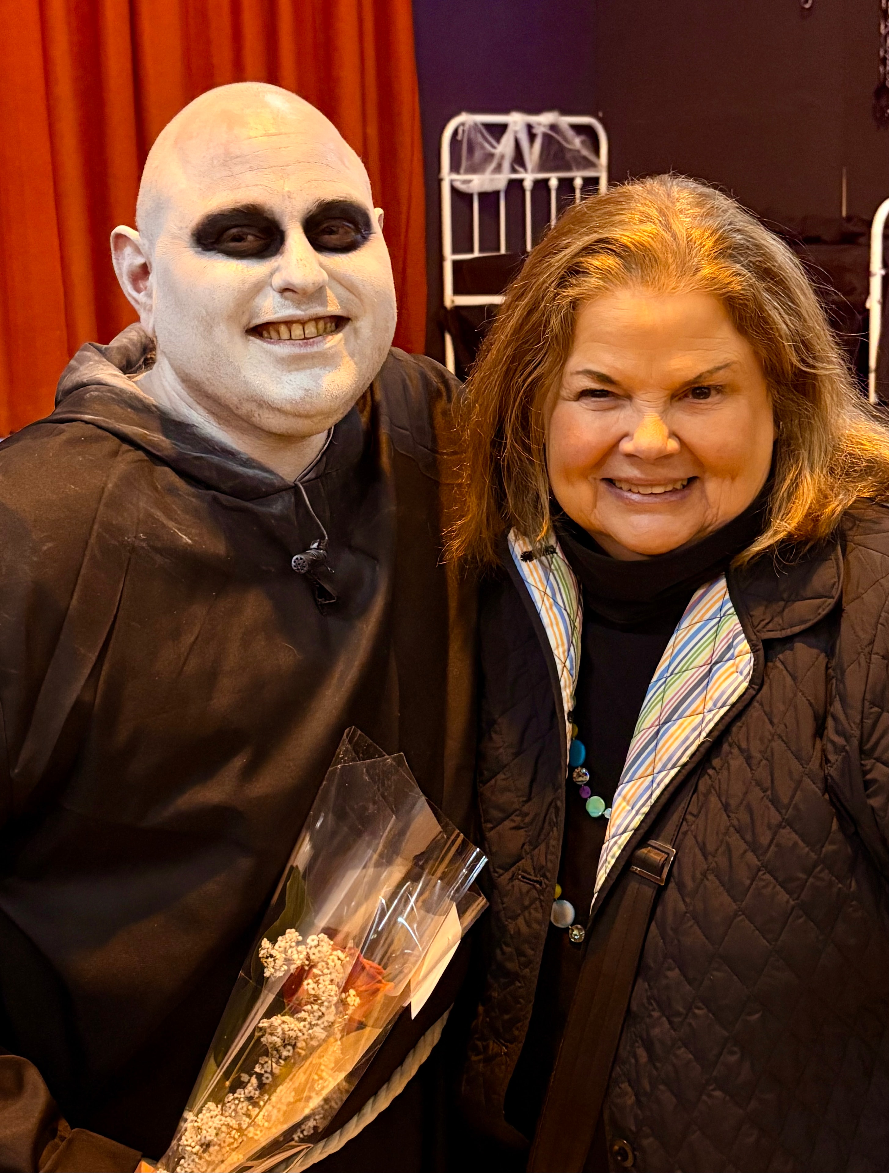 Pamela with her student, Ian Steckler, after his wonderful performance as Uncle Fester in The Addams Family in NYC (2026)